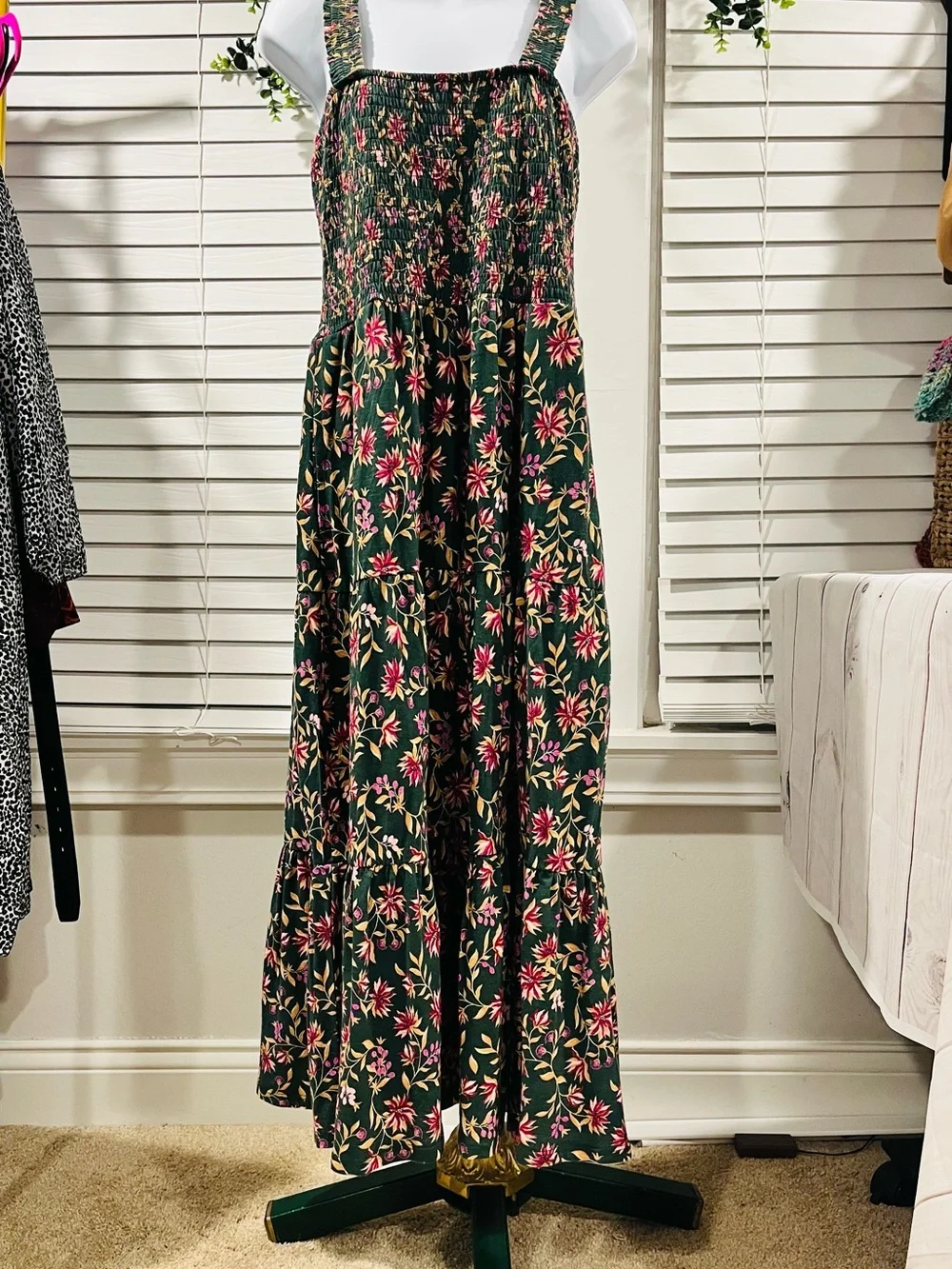 100% Organic Cotton Dark Green Floral Smocked Maxi Dress - Picture 1 of 8